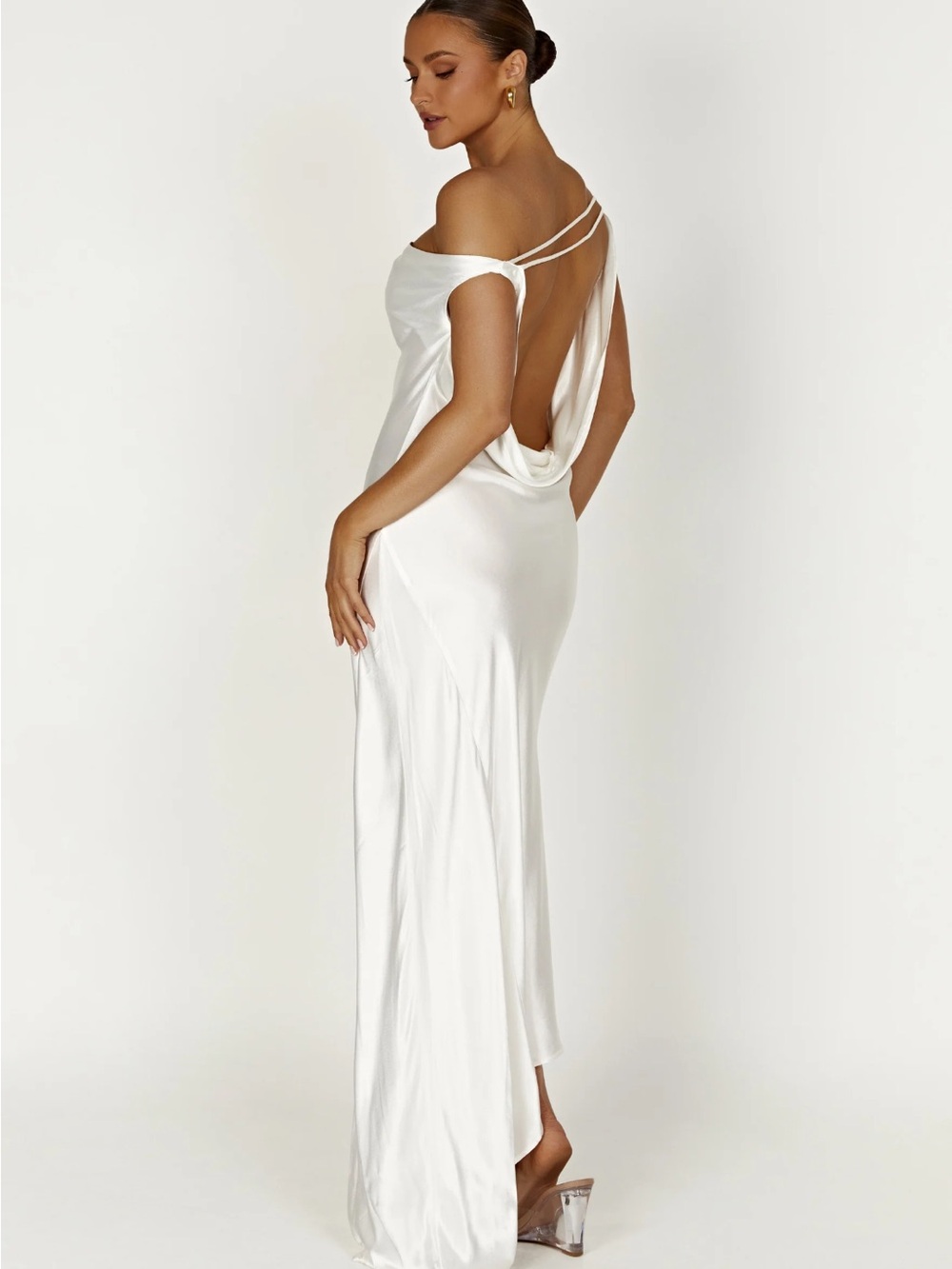 Meshki White Satin Cowl-Back Evening Gown